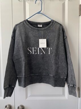 SEINT Washed Black/Gray Logo Crew Neck Cropped Sweatshirt